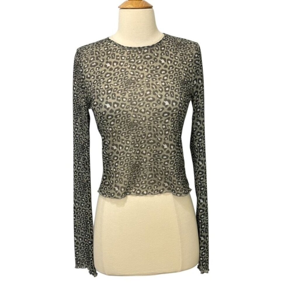 Reformation Women's Sheer Mesh Top Animal Print Long Sleeve Cropped EUC Size M